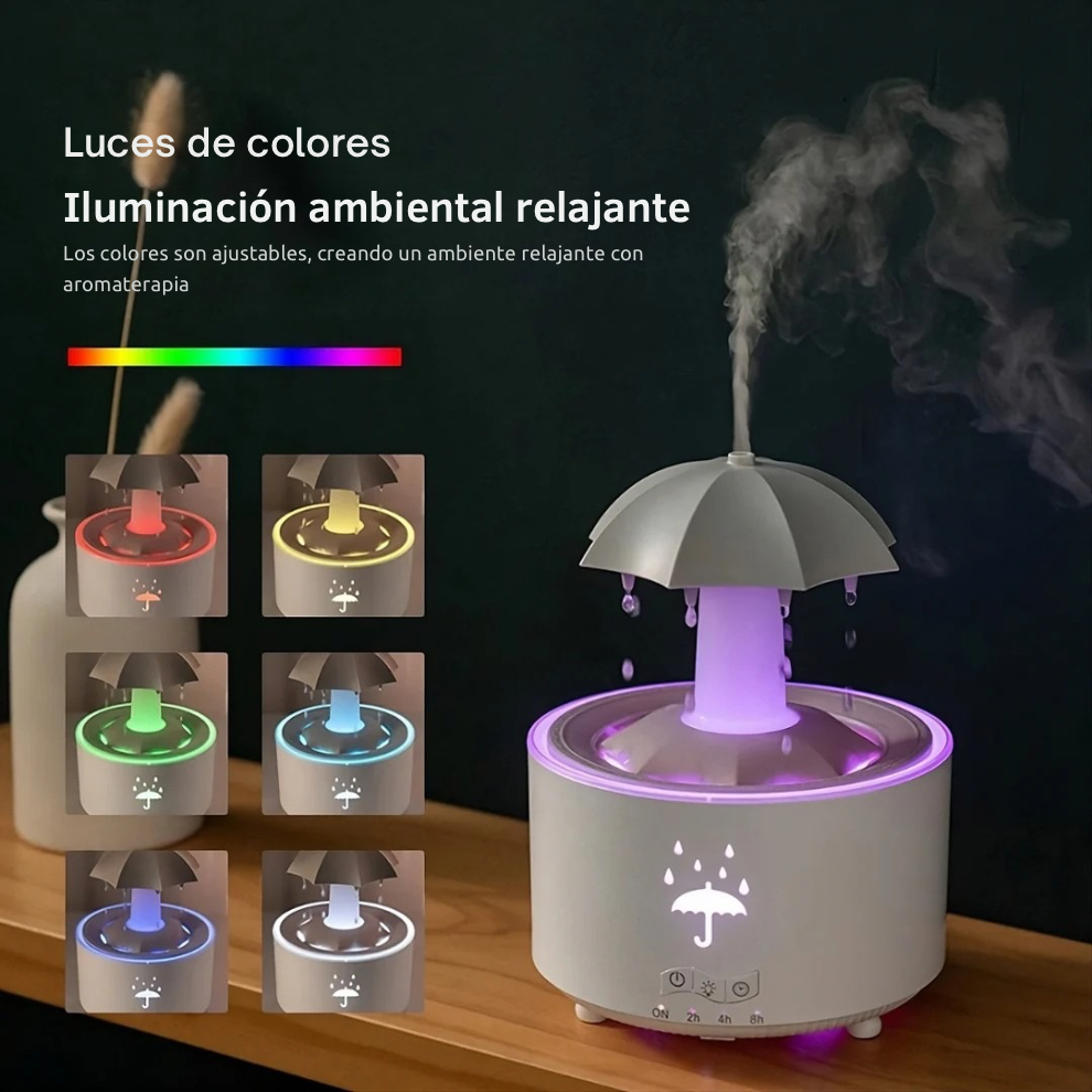 Humidificador de Lluvia – Relájate con Aromaterapia y Luces Ambientales